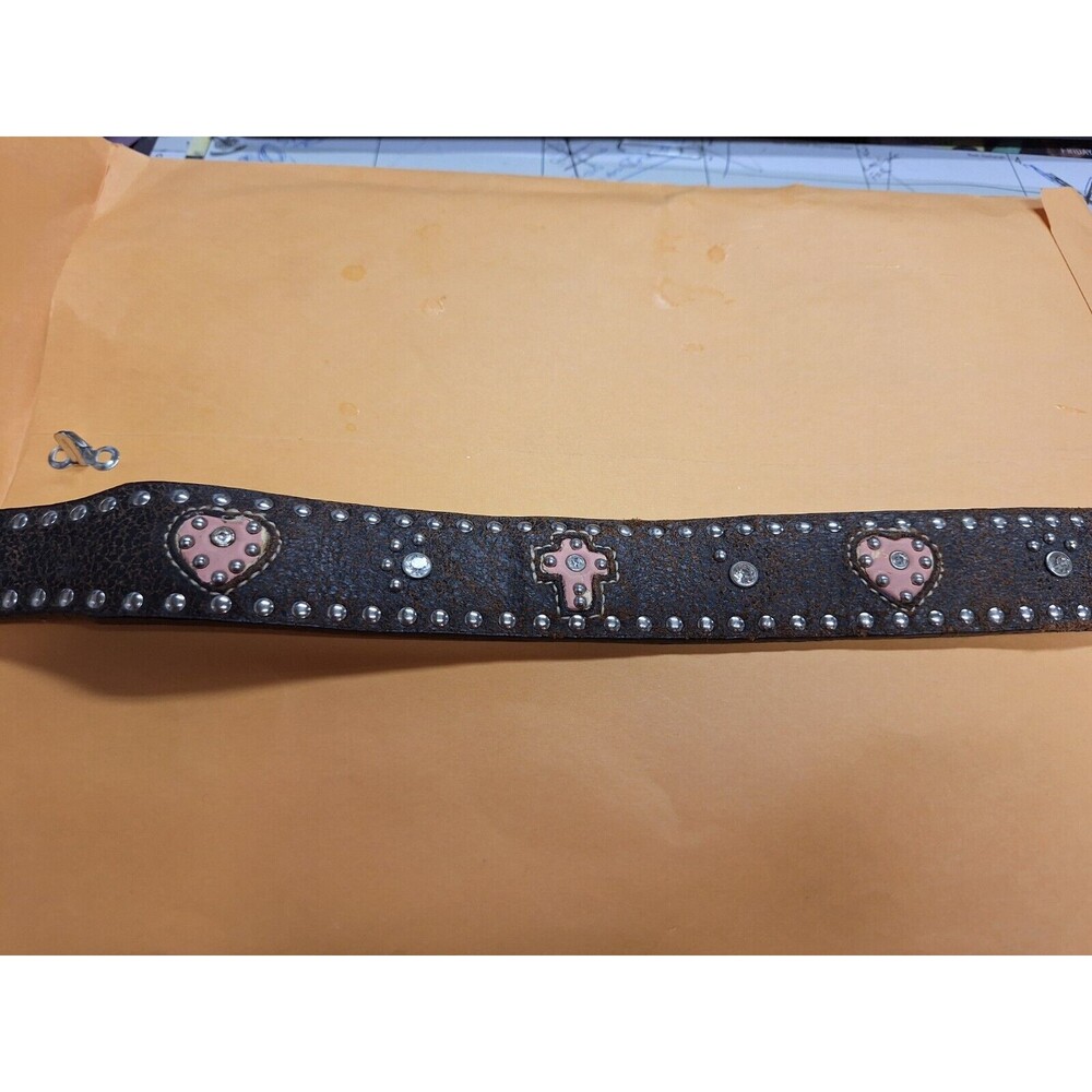Nocona Western‎ Girls Youth Belt Studded Pink Cross Hearts Brown Leather Size 20